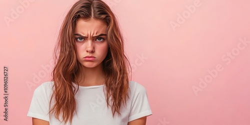 Angry teen girl poses against a trendy pink studio background. This female half length portrait captures human emotions and expressions, showcasing the intensity of her feelings from a front view. photo