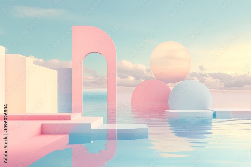 Soft pastel colors blend in a dreamy landscape featuring abstract structures and floating spheres. The tranquil water reflects the serene elements under a gentle sky Soft pastel colors blend in a dreamy landscape featuring abstract structures and floating spheres. The tranquil water reflects the serene elements under a gentle sky