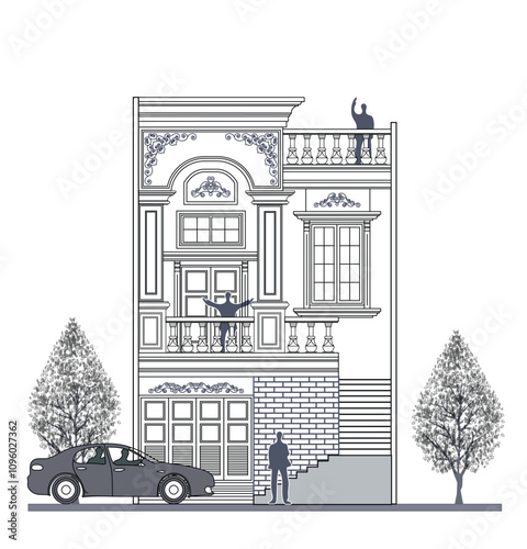 Facade of 2 storeys asymmetrical modern classic house with 2 doors, 2 windows, 2 columns, frame, balustrade, stair, canopy, crown, balcony, garage and its elements design.