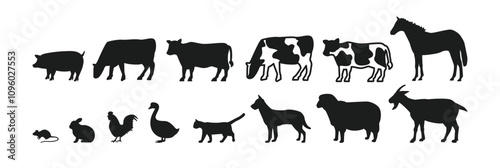 Farm Animals Black and White Icon Set