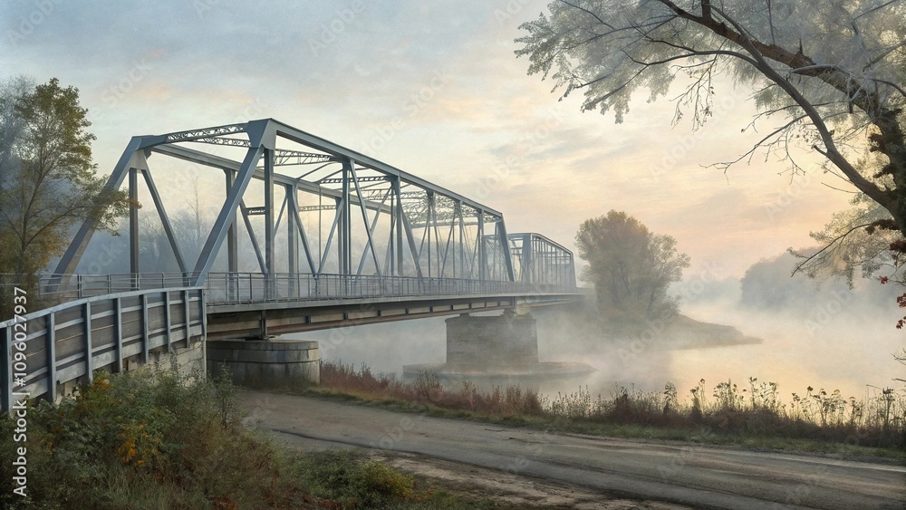 Fototapeta premium Impressionist style painting of a modern metal bridge in the misty morning with fog, foggy, outdoors, colors, modern metal bridge