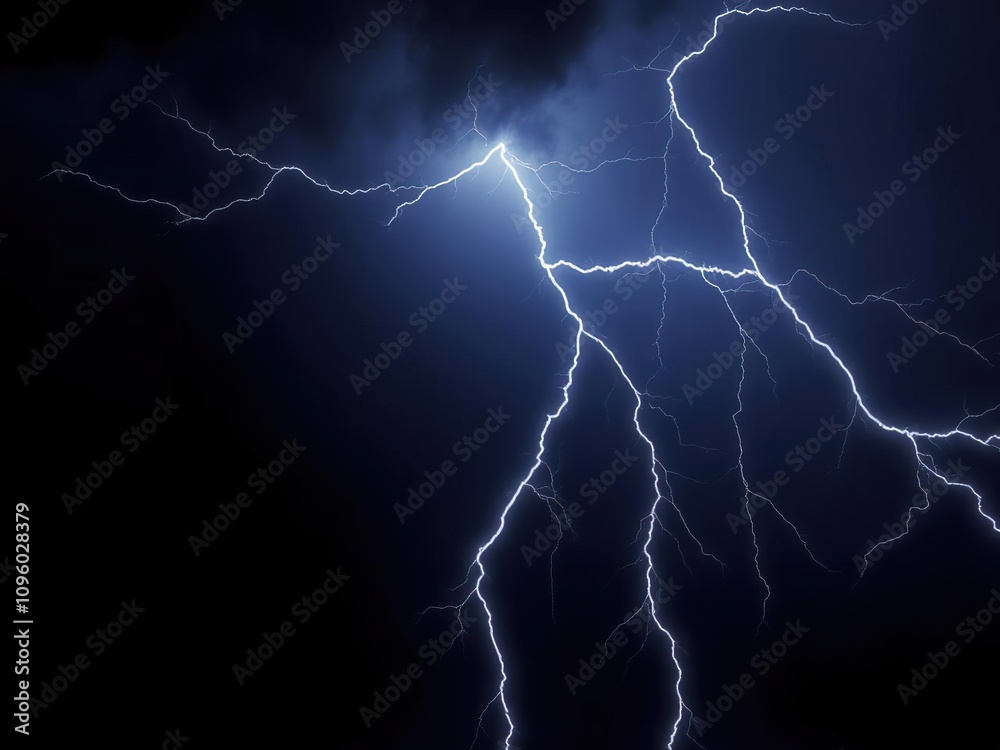 Intense lightning strike against a deep navy background, electric discharge, stormy clouds Intense lightning strike against a deep navy background, electric discharge, stormy clouds