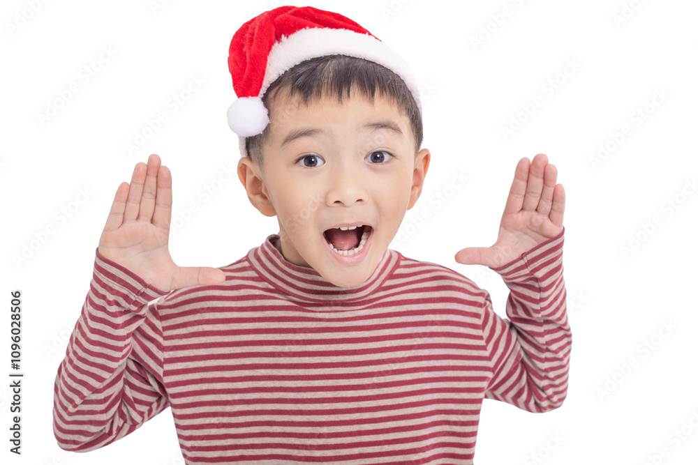 Suprised asian Kid Dressed as Santa isolated on white Suprised asian Kid Dressed as Santa isolated on white