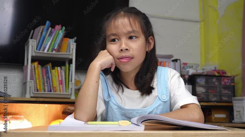 Homeschool Asian little young girl student learning attentively, reading and studying with pencil in hand and learning. Homeschool Asian little young girl student learning attentively, reading and studying with pencil in hand and learning.