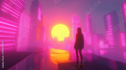 A person standing in a vibrant, vaporwave-inspired neon-lit futuristic cityscape at sunset