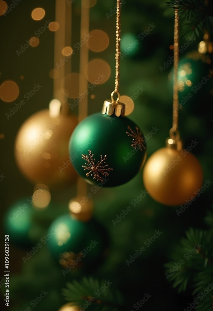 Luxury christmas ornaments, green and gold, bokeh effects and sparkles Luxury christmas ornaments, green and gold, bokeh effects and sparkles