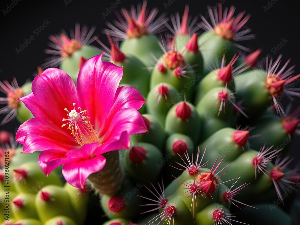 Large showy pink flower blooming on a Rebutia carnival cactus plant with vibrant green stems and leaves, floral arrangement, pink flower, succulent garden Large showy pink flower blooming on a Rebutia carnival cactus plant with vibrant green stems and leaves, floral arrangement, pink flower, succulent garden