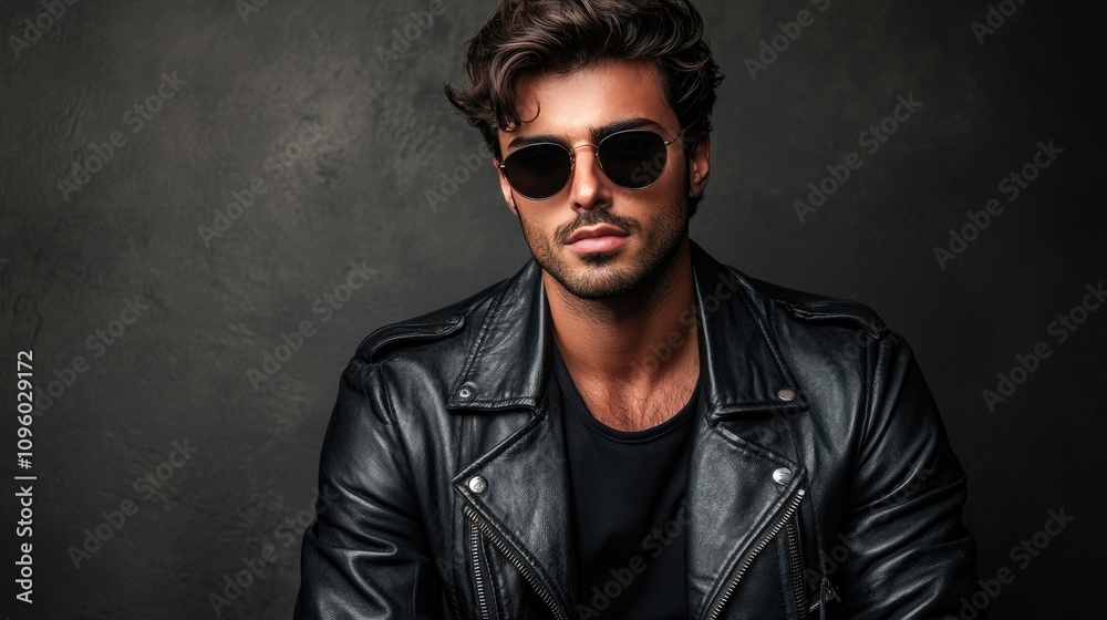 Fototapeta premium A confident and handsome man in a leather jacket and sunglasses exudes style and charisma. This portrait captures the essence of a confident man with a leather jacket, ideal for various designs.