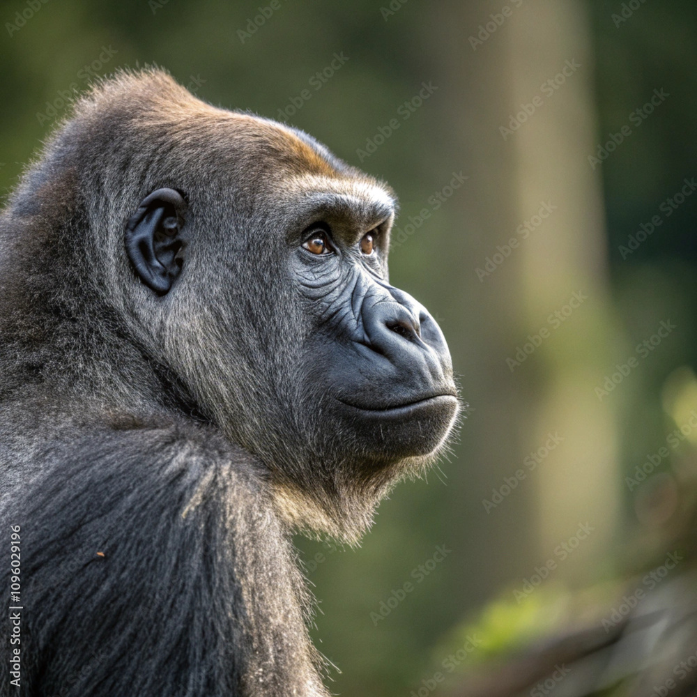 Obraz premium animal, mammal, wildlife, wild, nature, zoo, portrait, endangered, black, face, congo, lowland, fur, hairy, big, endangered species, thinking, western, eyes, jungle, great ape, primates, strong, lowla