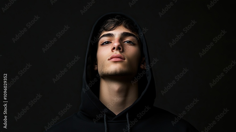 A young man in a black hoodie gazes towards the camera, displaying confidence and a modern style. This captivating image of a young man features ample copy space for versatile use. A young man in a black hoodie gazes towards the camera, displaying confidence and a modern style. This captivating image of a young man features ample copy space for versatile use.