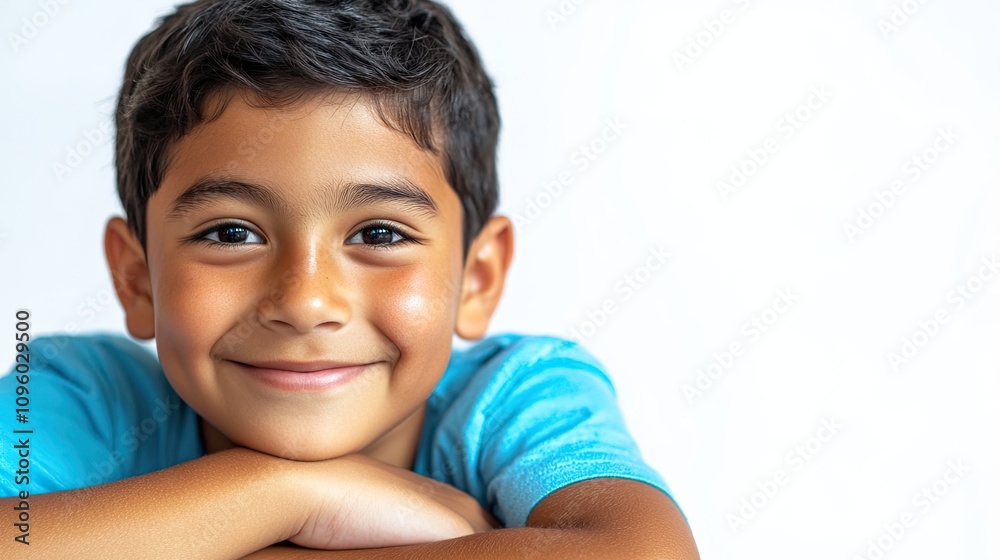Cheerful young Latin boy with a warm smile against a bright white background, radiating joy and innocence. Ideal for capturing youthful exuberance with ample photo style copy space. Cheerful young Latin boy with a warm smile against a bright white background, radiating joy and innocence. Ideal for capturing youthful exuberance with ample photo style copy space.