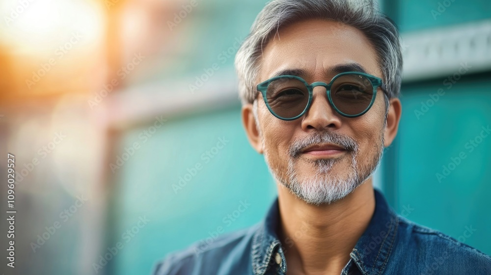 Fototapeta premium Stylish portrait of a handsome mature Asian man with a hipster vibe, emphasizing his unique fashion sense and eye-catching features. Ideal for lifestyle and fashion concepts, with ample copy space.