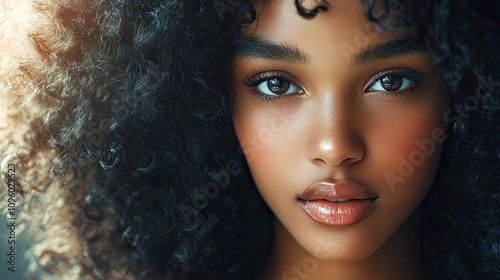 Stunning young black woman with curly hair, radiating beauty and confidence. High-quality photo capturing the essence of beauty, perfect for various creative uses with ample copy space.