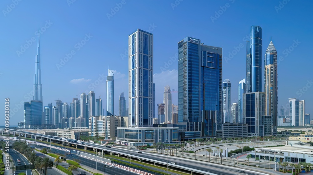 Fototapeta premium Modern glass skyscrapers with clean, sharp lines against the skyline.
