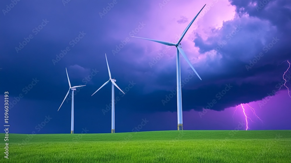 Wind Power Through the Storm: A dramatic, awe-inspiring image of wind turbines standing strong against a stormy sky, with lightning striking in the distance. This photo symbolizes resilience, power. Wind Power Through the Storm: A dramatic, awe-inspiring image of wind turbines standing strong against a stormy sky, with lightning striking in the distance. This photo symbolizes resilience, power.