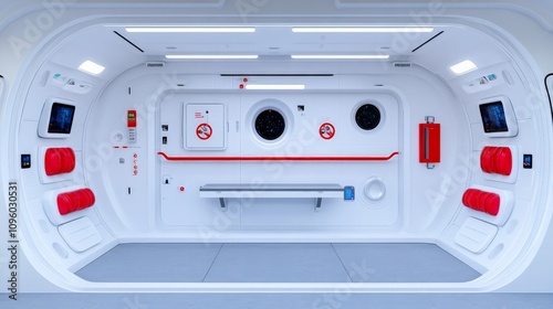 Futuristic Medical Bay: Sterile, sleek, and technologically advanced medical bay interior design.  Perfect for sci-fi, medical, or technology concepts.  photo