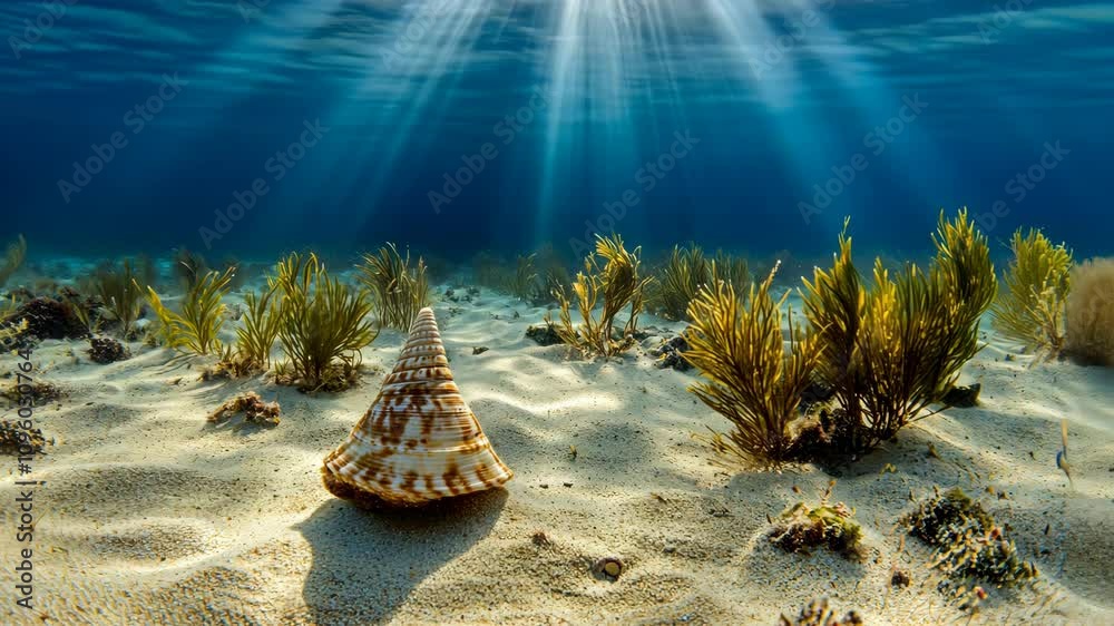 Underwater view of a conch shell among seagrass in a sunlit ocean floor at midday