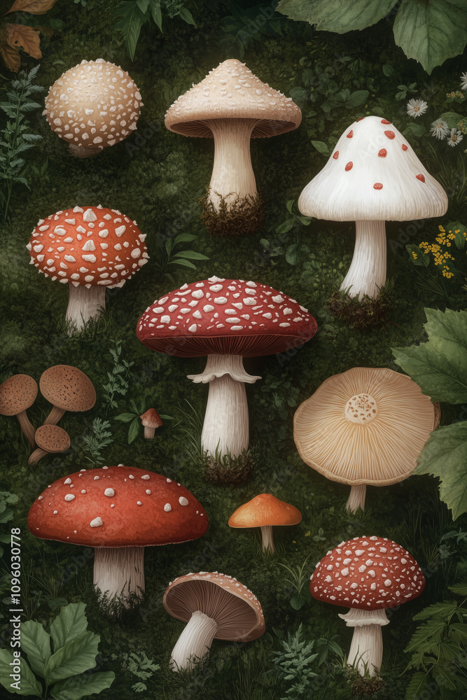 Variety of forest mushrooms on lush green grass background Variety of forest mushrooms on lush green grass background