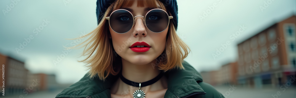 Fashion-forward woman with round sunglasses on city street Fashion-forward woman with round sunglasses on city street