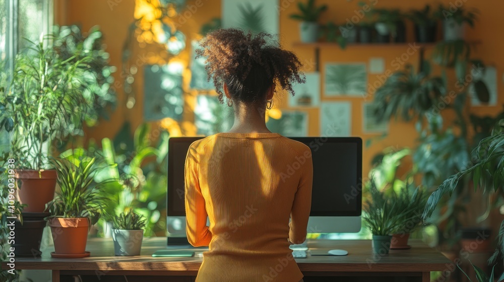 A woman working at a desk surrounded by lush indoor plants in a vibrant, sunlit room. A woman working at a desk surrounded by lush indoor plants in a vibrant, sunlit room.