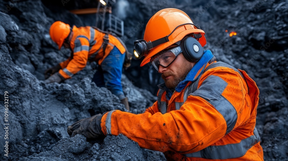 Coal Mine Workers:  Two miners meticulously examine coal seams deep within a mine, showcasing their dedication and hard work in a dramatic, gritty setting. 