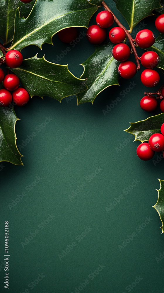 A serene flat lay featuring holly branches with red berries against a deep green background, ideal for Christmas cards, seasonal decorations, and holiday promotions.