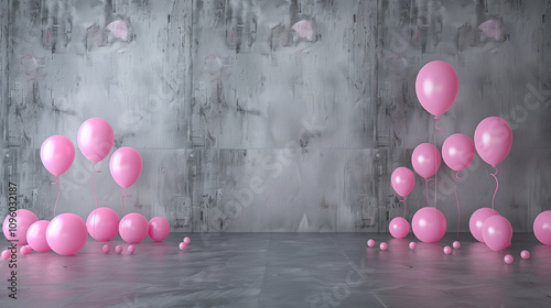 3d rendering of colorful pink silver grey glossy background wall with birthday party decoration, empty wall mock up, birthday invitation, greeting card	
