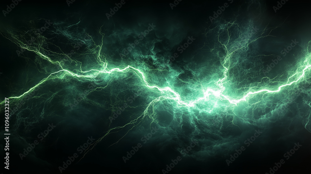Fototapeta premium Dynamic green lightning bolt in dark thunderstorm sky