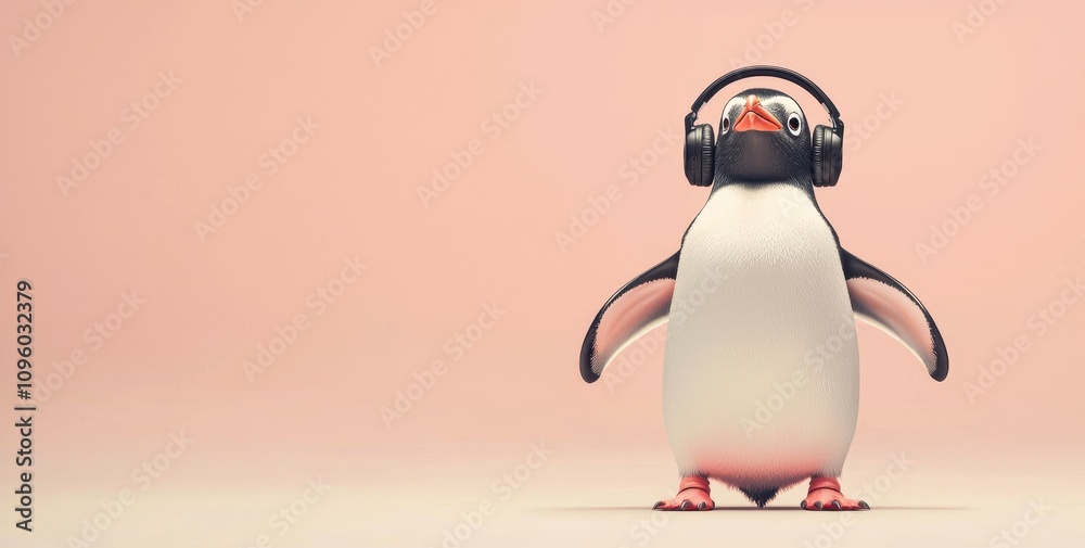 Fototapeta premium Cute Penguin with Black Headphones on Light Pink Background