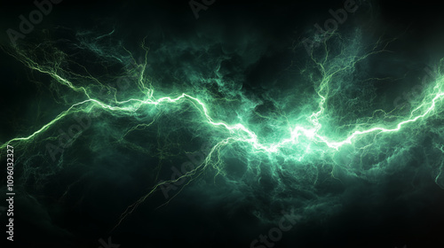 Dynamic green lightning bolt in dark thunderstorm sky