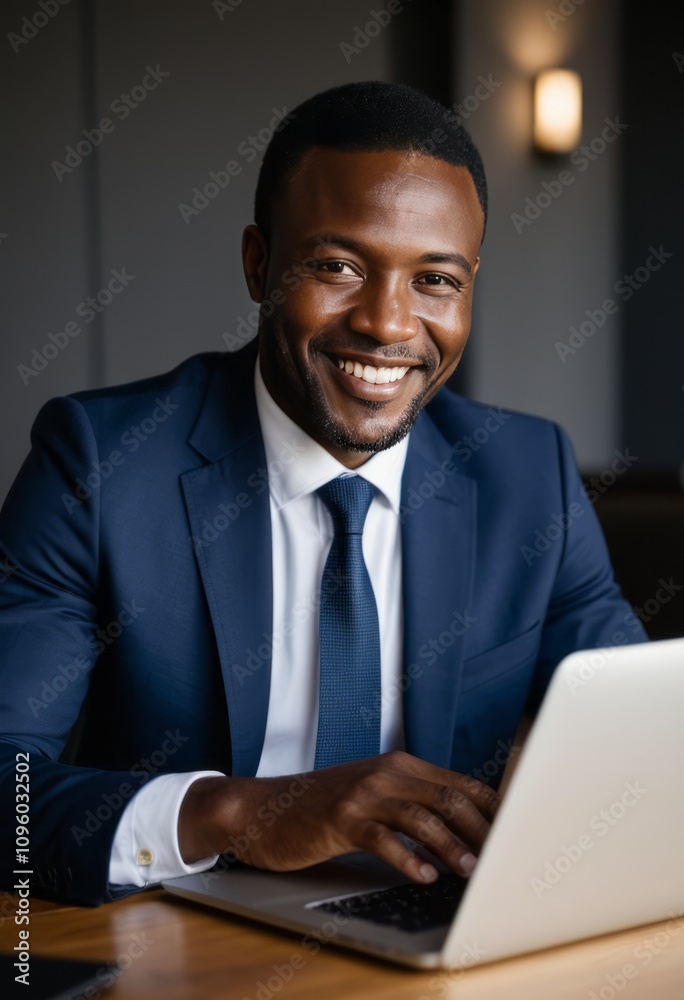 Young male, professional photograph, afro haircut, gray suit, blue tie, white shirt, polished appearance, serious expression, high contrast, dark background, studio lighting, sophisticated, self-assur Young male, professional photograph, afro haircut, gray suit, blue tie, white shirt, polished appearance, serious expression, high contrast, dark background, studio lighting, sophisticated, self-assur