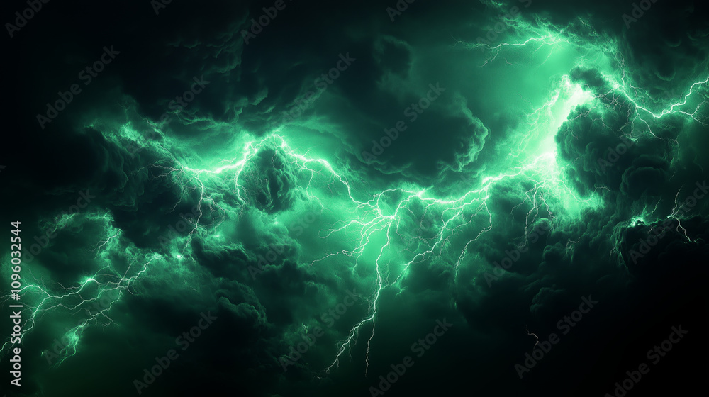 Dramatic green lightning illuminating dark thunderclouds in a stormy sky Dramatic green lightning illuminating dark thunderclouds in a stormy sky