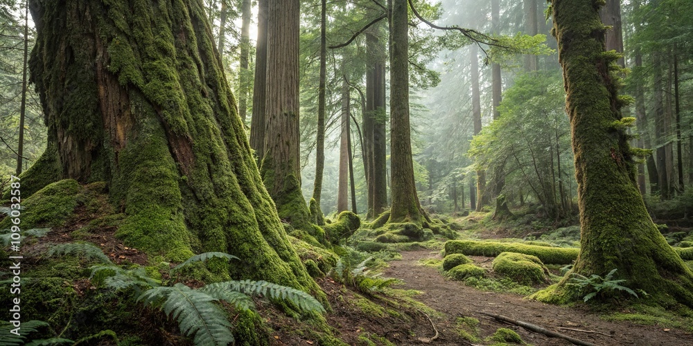 Fototapeta premium Moss-covered tree trunks blend seamlessly into surrounding foliage, undergrowth, moss covered trees