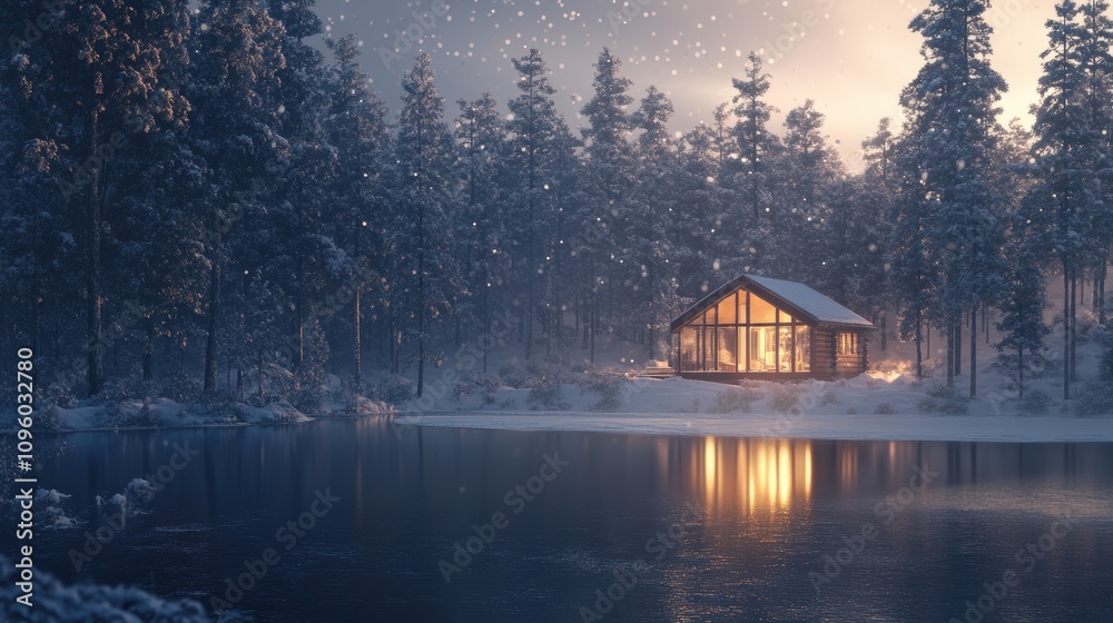 Fototapeta premium Nordic-inspired winter cabin surrounded by snow-draped pine trees, a frozen lake 