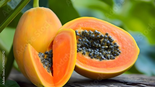 A fresh papaya cut in half, showcasing its vibrant orange flesh and black seeds. photo