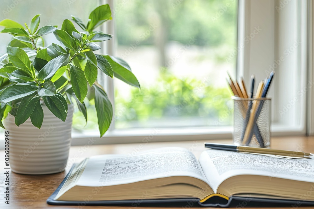 Study Permit highlighted in an open textbook with stationery, cozy study nook, inviting atmosphere, soft natural light