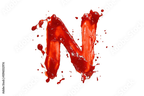 Letter 'N' shaped from detailed ketchup stains, against a white backdrop. photo