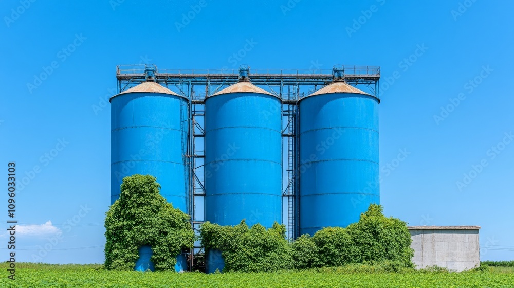 Blue Silos Under Summer Sky: Three vibrant blue silos stand tall against a clear blue sky, partially obscured by lush green vegetation, evoking a sense of industrial tranquility and summer's warmth. Blue Silos Under Summer Sky: Three vibrant blue silos stand tall against a clear blue sky, partially obscured by lush green vegetation, evoking a sense of industrial tranquility and summer's warmth.
