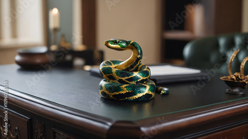 An abstract green snake elegantly coiled on a wooden office desk, captured with stunning depth of field. The festive New Year's illustration celebrates the Year of the Snake