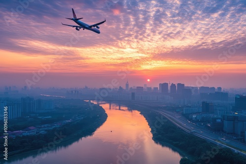 Sunrise Departure:  A silhouette of an airplane soars through the breathtakingly vibrant hues of a sunrise, taking off from a cityscape with a river meandering through it. photo