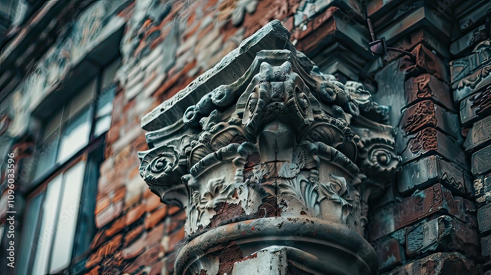 Obraz premium A close-up of an old brick building with intricate architectural details.