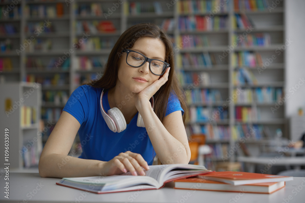 Dreamy young smart woman reading sitting at table in library
