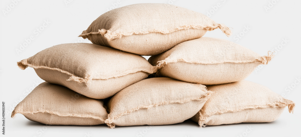 Fototapeta premium Stack of natural burlap jute sacks for rustic home decor and eco-friendly storage solutions