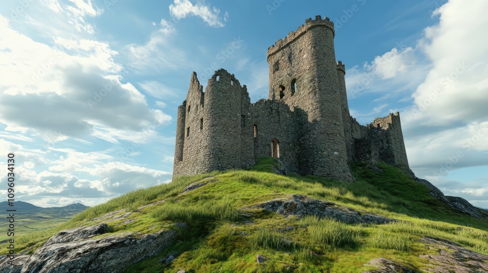 Medieval Castle Ruin on Top of a Hill with Green Grass Medieval Castle Ruin on Top of a Hill with Green Grass
