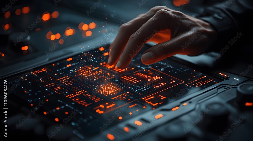 Engaging with Technology: A Creative Entrepreneur Utilizing a High-Tech Digital Interface. Creative Economy Concept Engaging with Technology: A Creative Entrepreneur Utilizing a High-Tech Digital Interface. Creative Economy Concept
