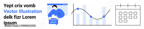 Loan application on a webpage, line graph indicating data points, and calendar icon for scheduling. Ideal for finance, business analysis, project management, education, marketing, administrative