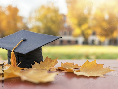 Higher Education Costs, setting of a university campus, details of autumn leaves, bright sunlight, photo