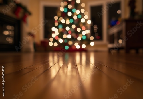 Wallpaper Mural Christmas background with christmas tree and bokeh lights on wooden floor of living room Torontodigital.ca