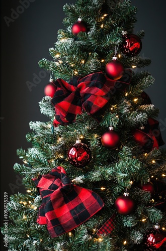 Christmas tree with red baubles and garland with red scarf wrapped around photo