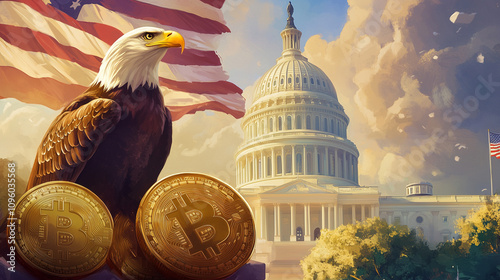 The bald eagle on the left side of the picture is sitting in front of three large Bitcoin coins. Behind it, there is the US Capitol building with an American flag waving in the background, in a hyper-